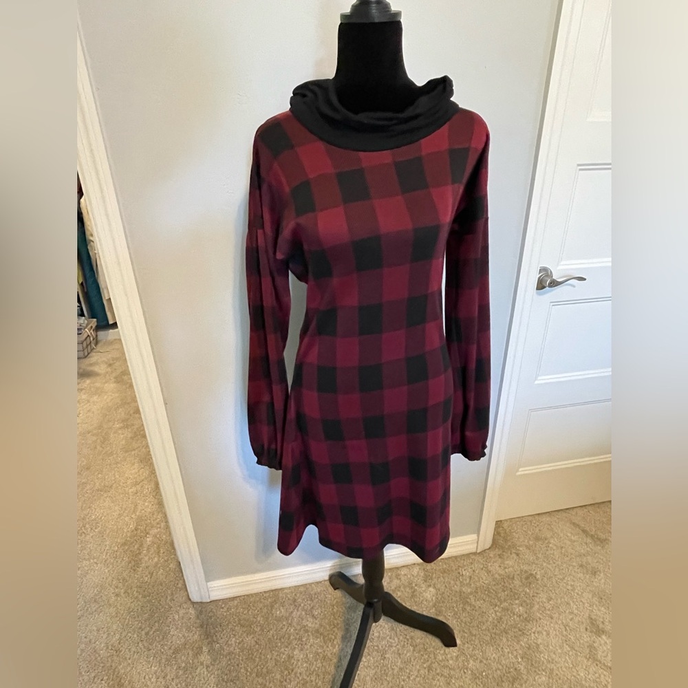 Fun and warm Buffalo Plaid dress with cowl neck. Great for a holiday party.